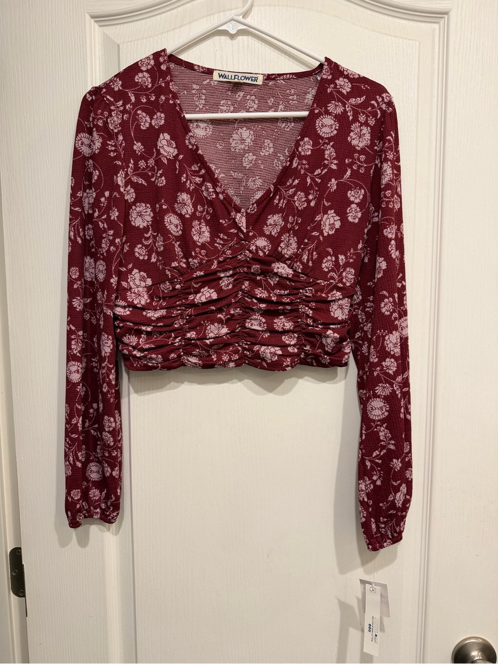 Wallflower Burgundy Floral Ruched V-Neck Crop Top